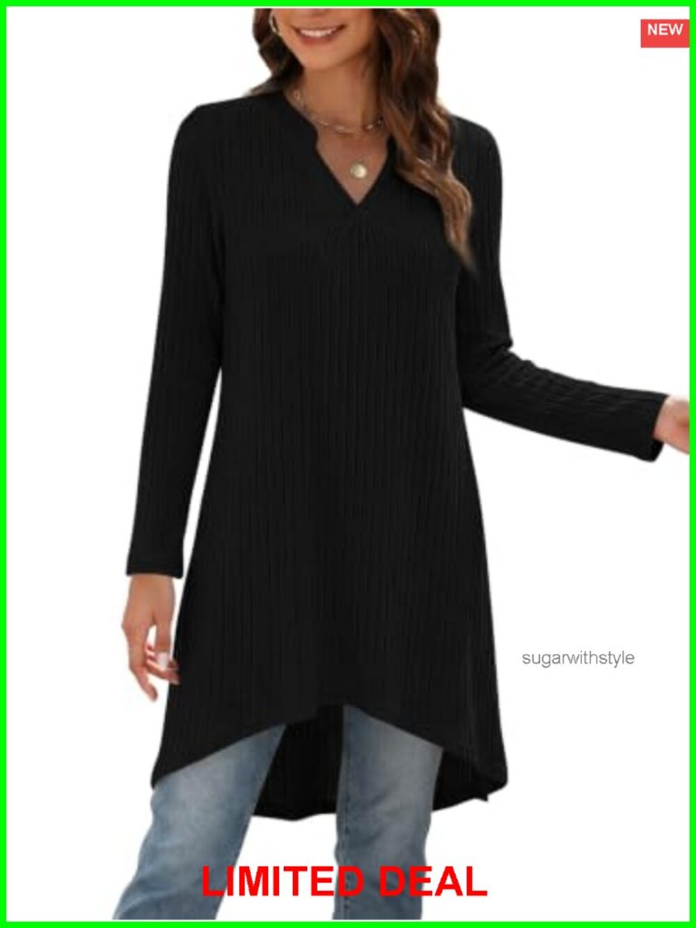 Long Sleeve V-Neck Tunic Top - Soft Knit Loose Fit Fall Winter Sweater for